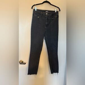 Paige Sarah Slim High Rise Jeans Raw Hem & Zippers in Virgo Black Size 28